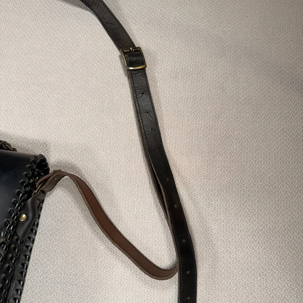 Unbranded Hand-Stitched Leather Crossbody Bag Small Women Black Whipstitch